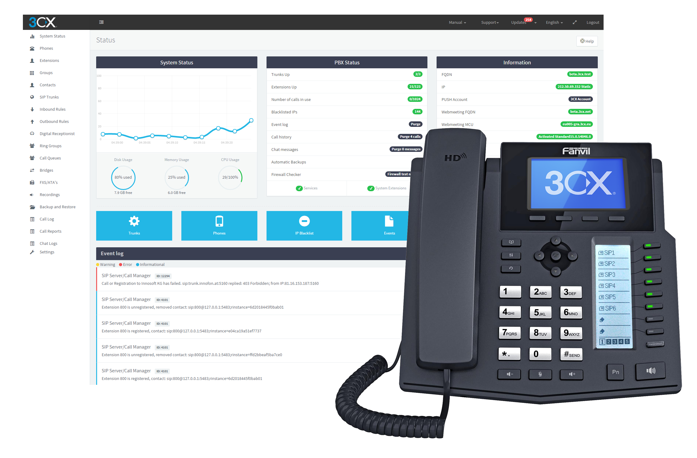 3cx dashboard and phone