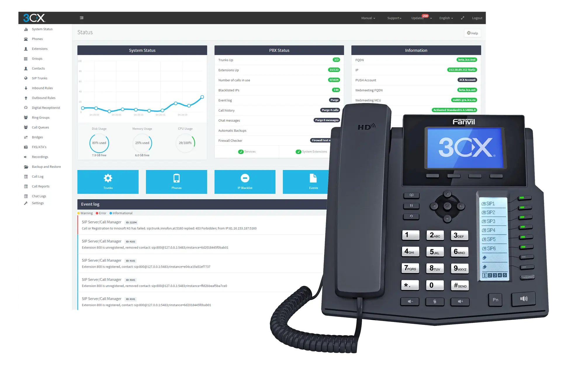 3cx dashboard and phone