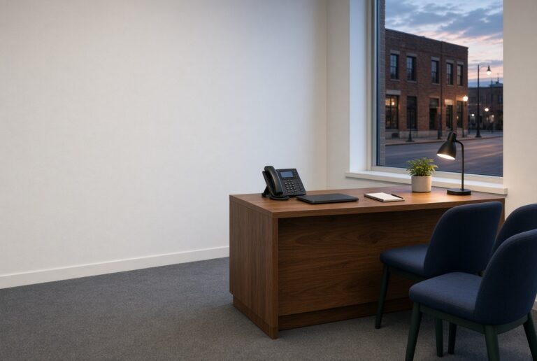 Empty Greensboro office desk at dusk with a lit business phone by the window, left side open for headline