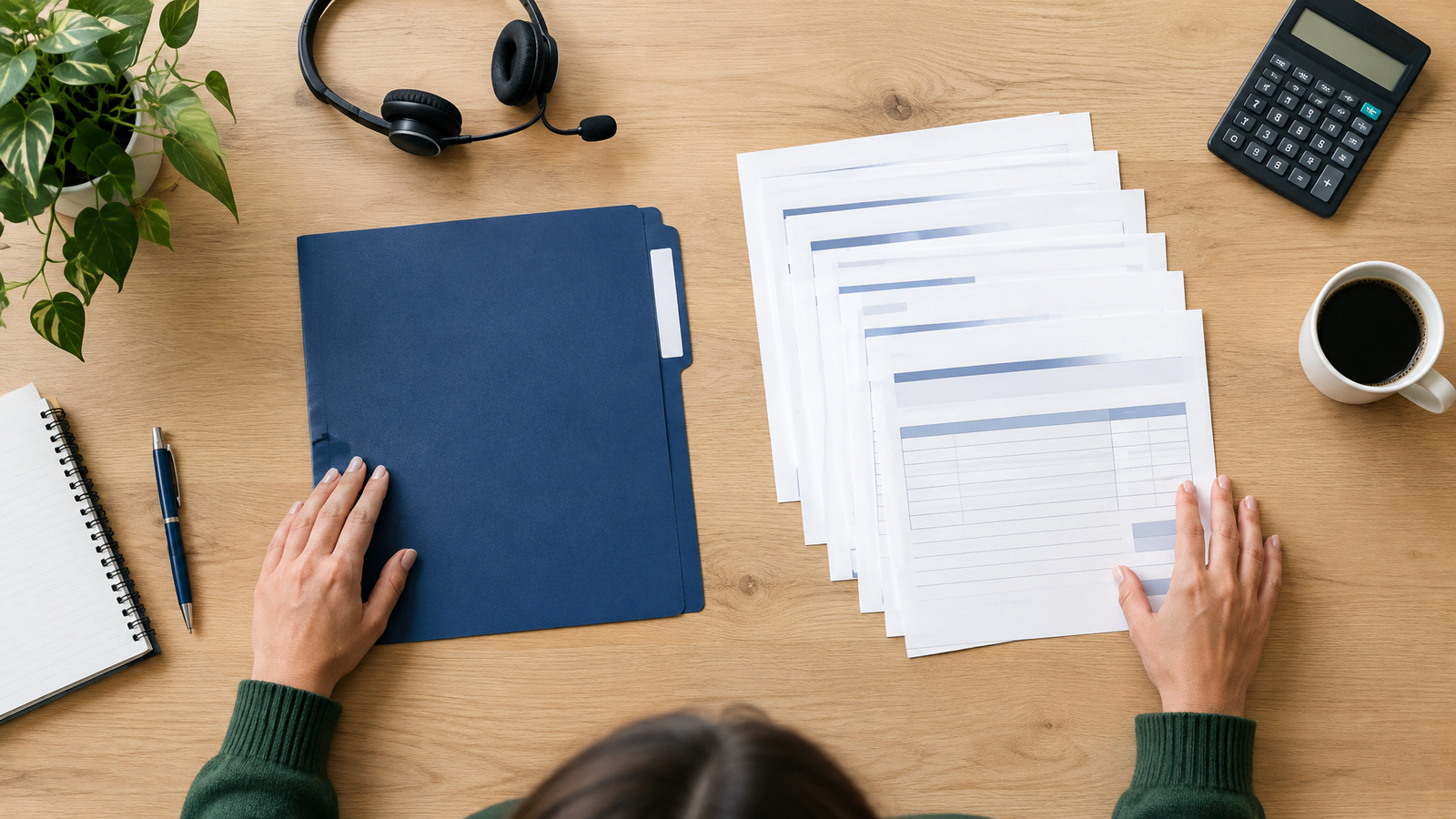 Calculator, headset, and invoices used to estimate AI receptionist cost