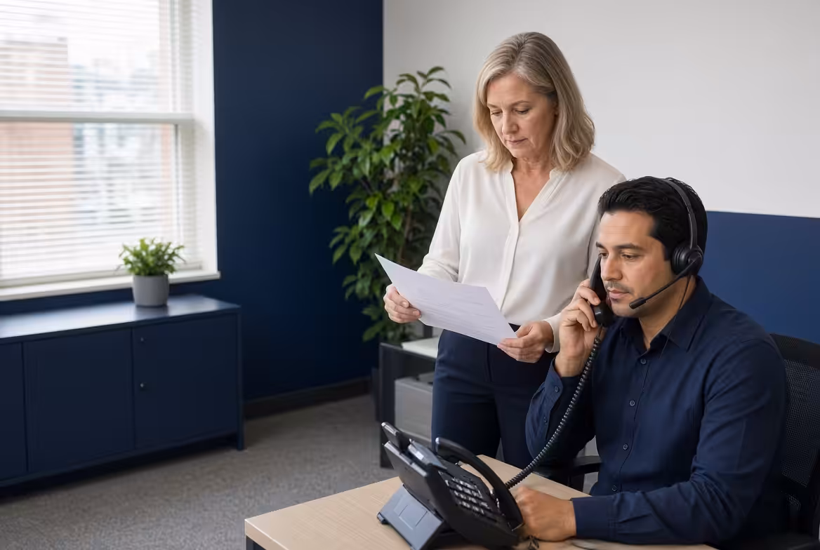 Two coworkers in a navy-and-white North Carolina office handling a live call together at a desk phone