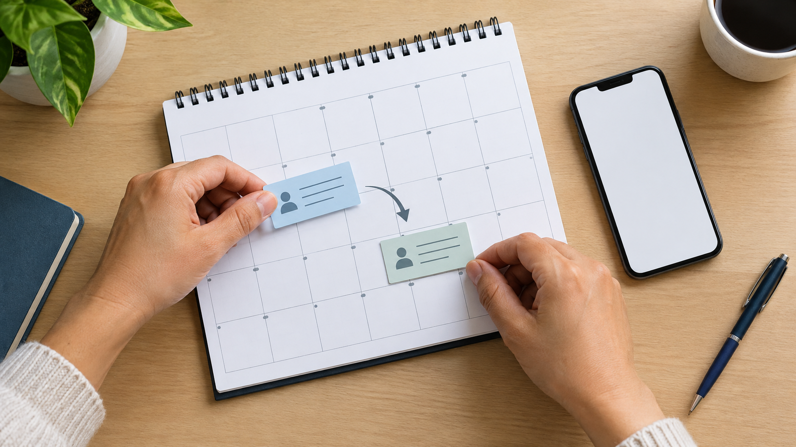 Hands move an unmarked appointment card across a desk calendar beside a phone.