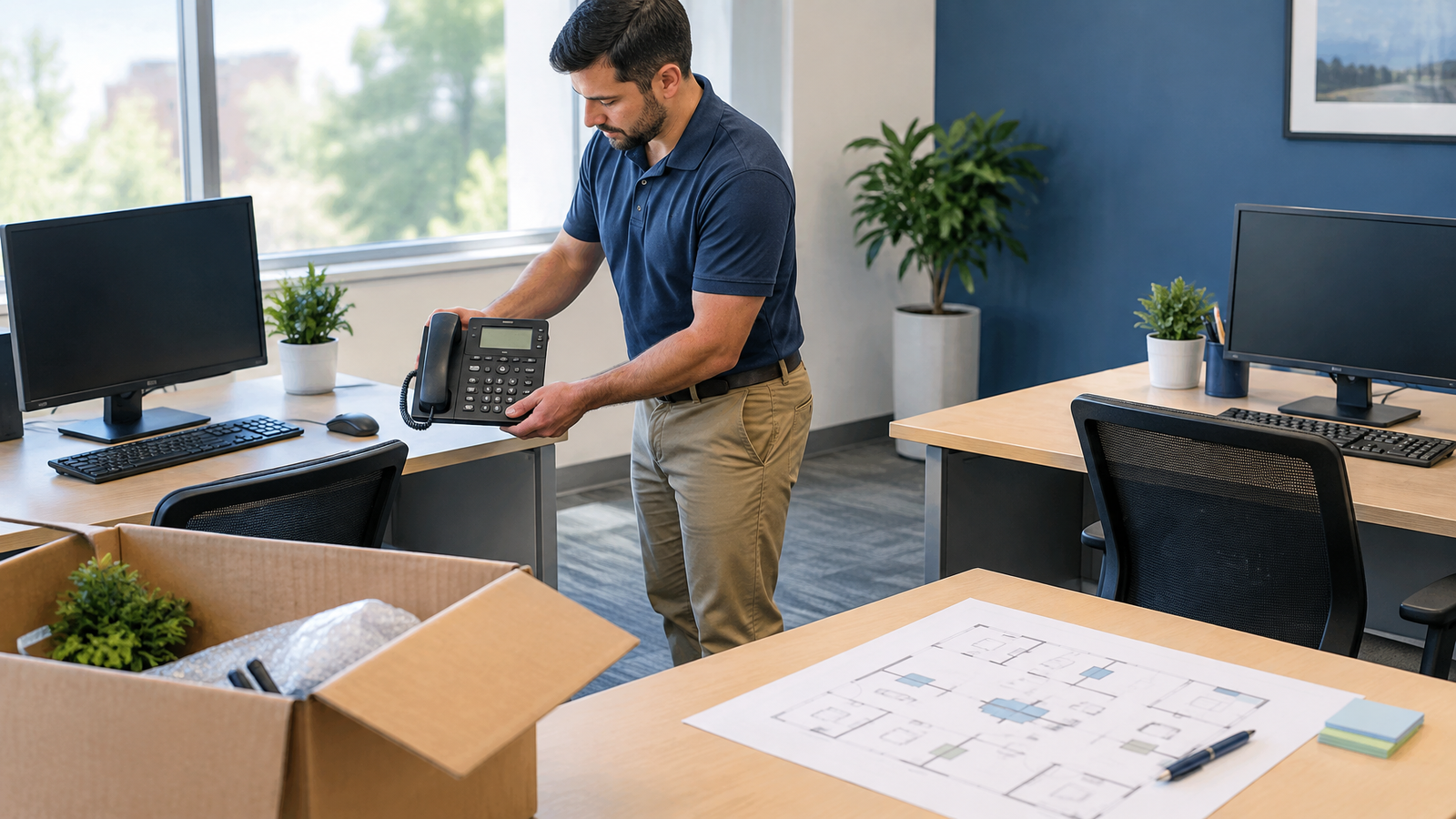 IT employee moving a business VoIP phone between office workstations.