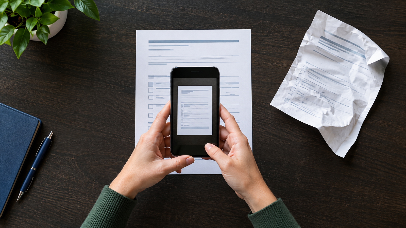 A smartphone is held above a flat paper form beside a curled sheet.