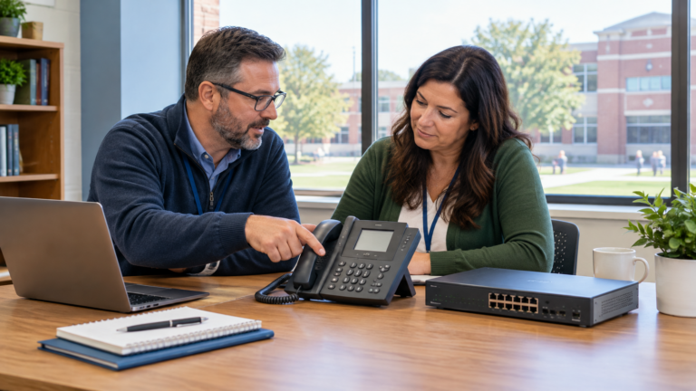 School staff comparing a VoIP phone and network equipment.
