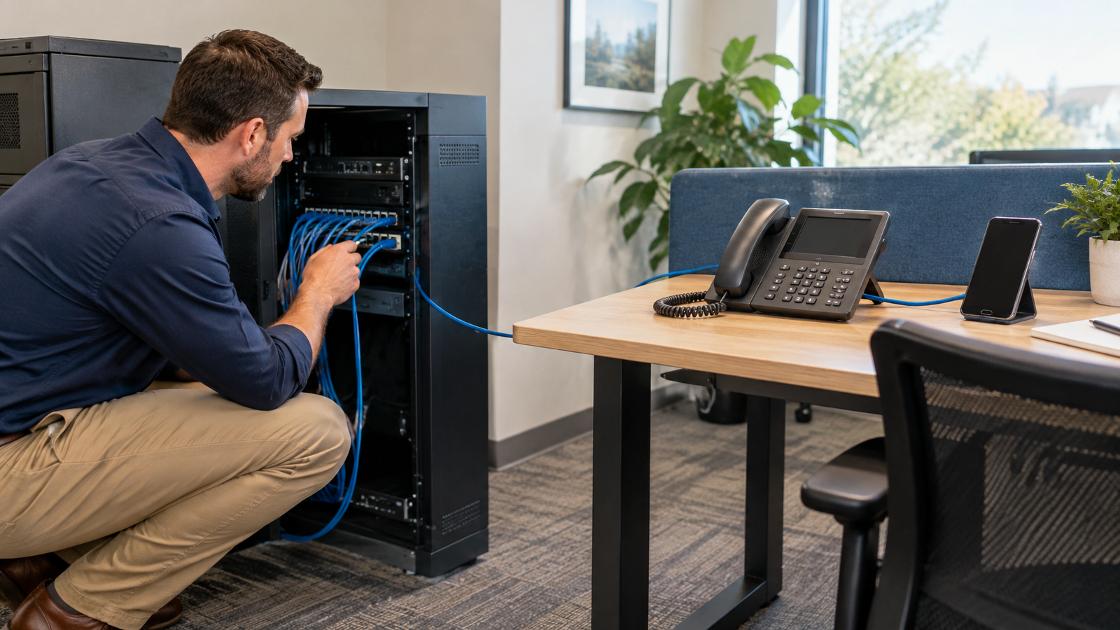 Desk phones, a mobile handset, and local equipment illustrating cloud phone systems and an office PBX.