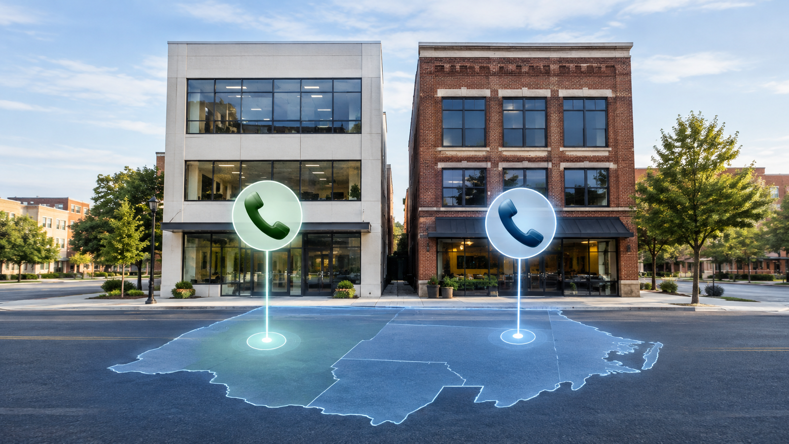 Two neighboring offices with different-colored telephone handsets connected to the same geographic footprint.