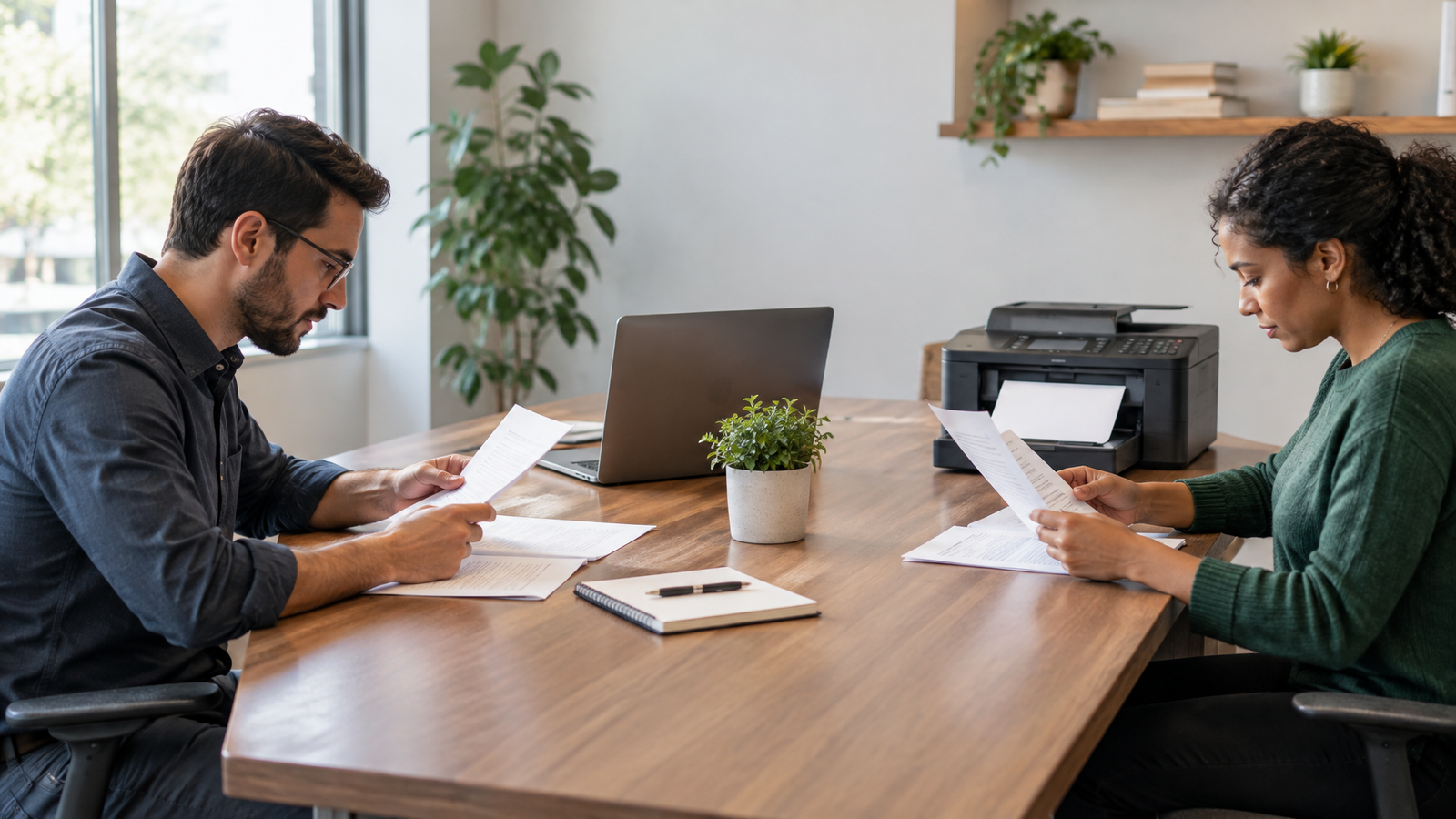 Two colleagues comparing paper documents beside a laptop and fax machine.
