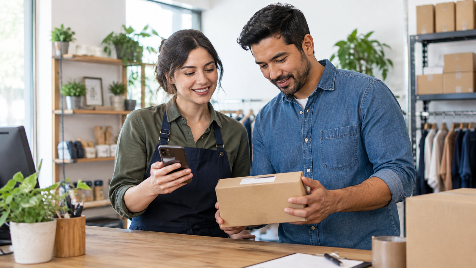 Two employees check a phone and a packaged order at a shop counter.