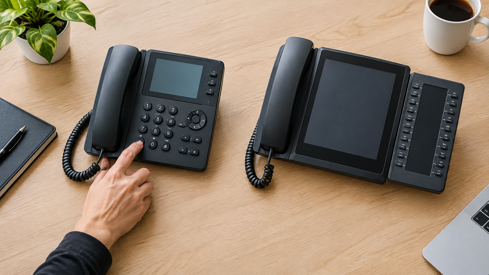 Two desk phones with different screen and button layouts on a tabletop.